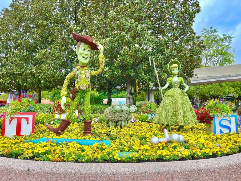 Woody and Bo Peep at Epcot as topiaries